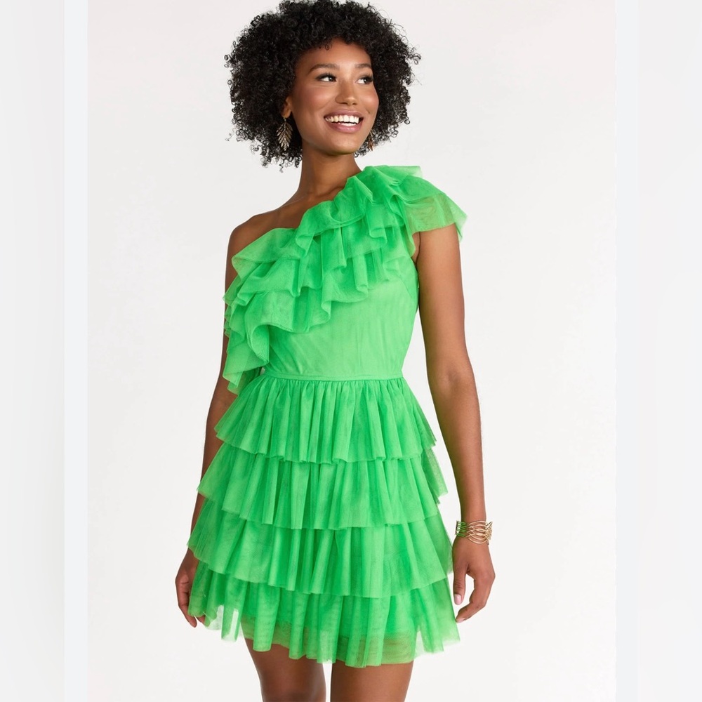 Flying Tomato Green One Shoulder Tiered Tulle Mini Dress Size Small